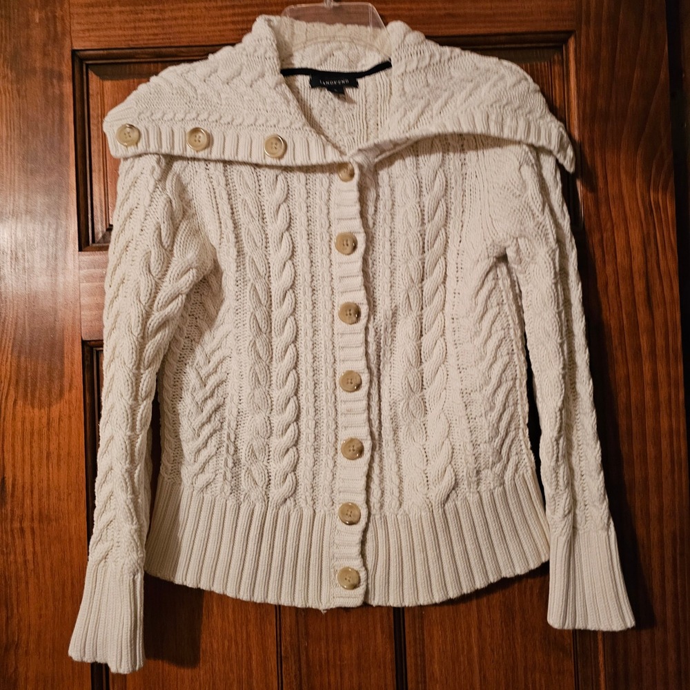 Lands End Womens Small 6-8 Cream Cable Knit Cotton Button Cardigan Sweater